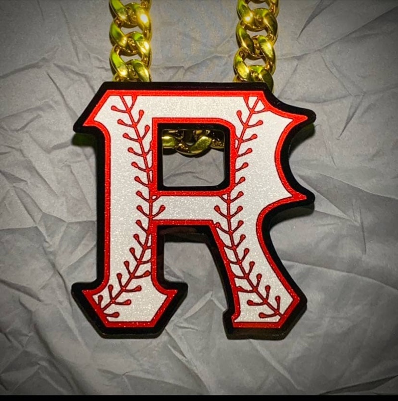 Baseball letter R skinny chain pendant